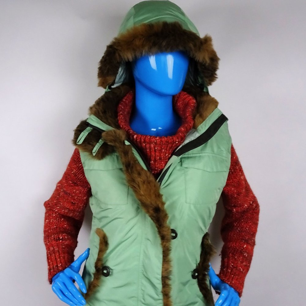 Solstice Green Insulated Vest Womens M 8 10 Faux Fur Trim Hooded Waterproof Ski
